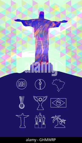 Rio, gold medal, burning torch and brazil flag icons set in outlines with statue over colored background. Digital vector image. Stock Photo