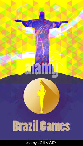 Brazil games, burning torch and statue over yellow background. Digital vector image. Stock Photo