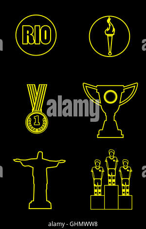 Rio, gold medal, burning torch and brazil flag icons set in outlines. Digital vector image. Stock Photo