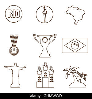 Rio, gold medal, burning torch and brazil flag icons set in outlines. Digital vector image. Stock Photo