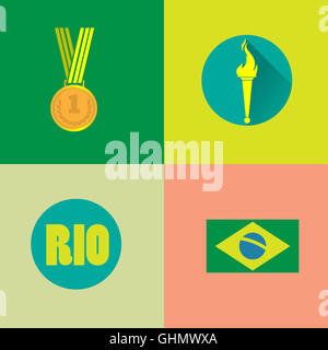 Rio, gold medal, burning torch and brazil flag icons set. Digital vector image. Stock Photo