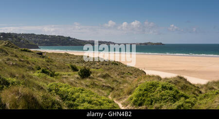Looking across St Ives Bay near Hayle on the coast path in north Cornwall, England, UK Stock Photo