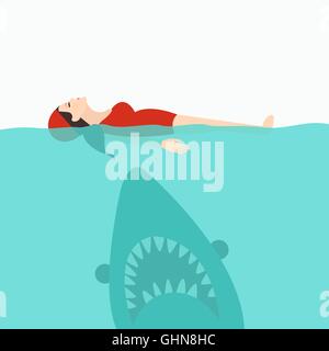 shark jaws attack woman swimming at sea water Stock Vector
