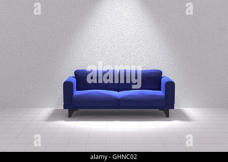 3D rendering of Blue sofa in a white room with lighting Stock Photo