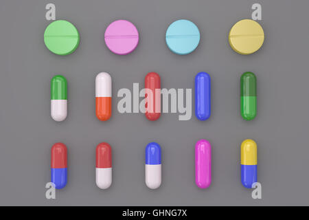 3D rendering of set of different type of medical pills on gray background Stock Photo