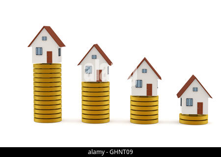 3D rendering of Mortgage concept: Houses on golden coin stacks Stock Photo