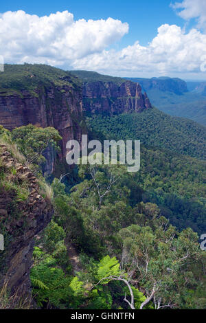 View from Govetts Leap Lookout looking towards Pulpit Rock Grose Valley Blackheath Blue Mountains NSW Australia Stock Photo