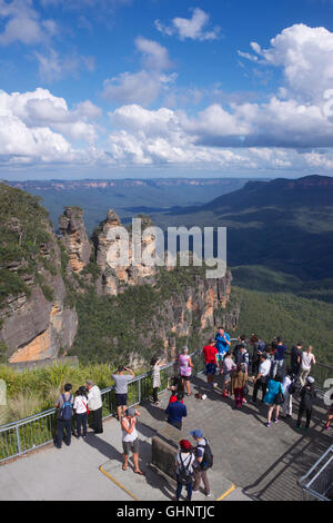 Visitors at Echo Point Lookout with Three Sisters Katoomba Blue Mountains NSW Australia Stock Photo