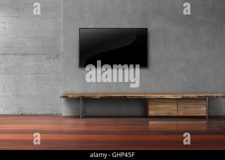 Led tv on concrete wall with wooden furniture in empty living room modern loft style modern loft style Stock Photo