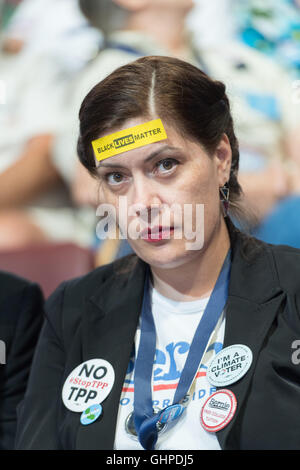 Bernie Sanders delegates on the third day of the Democratic National Convention at the Wells Fargo Center July 27, 2016 in Philadelphia, Pennsylvania. Stock Photo