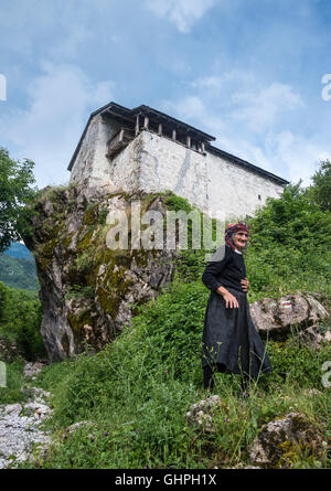 Traditional Ottoman period defensive house now the local Ethnographic Museum at Theth, in the Albanian Alps, Northern Albania. Stock Photo