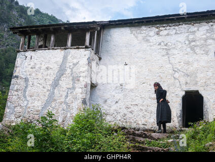 Traditional Ottoman period defensive house now the local Ethnographic Museum at Theth, in the Albanian Alps, Northern Albania. Stock Photo