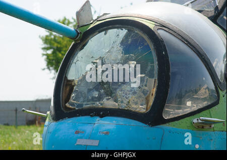 broken windshield from the old helicopter Stock Photo