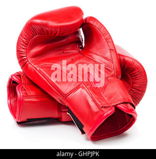Pair of red leather boxing gloves isolated on white background Stock Photo