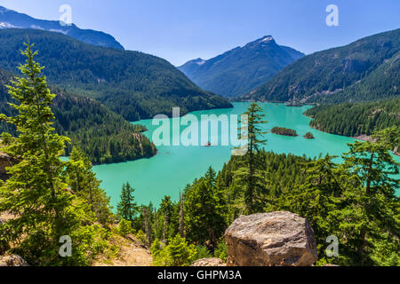 Turquoise Diablo Lake seen from the Diablo Lake Overlook in North Cascades National Park, Washington. Stock Photo