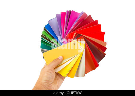Man holding rainbow color palette isolated on white Stock Photo