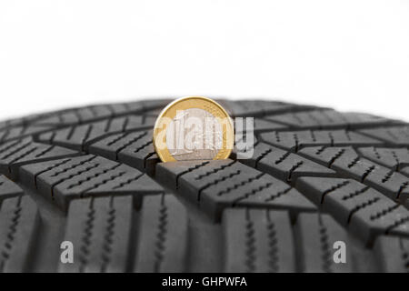 Measuring thread depth of a tire with a coin Stock Photo