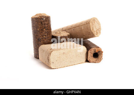 wooden oven briquettes made of sawdust, white background, isolated, Stock Photo