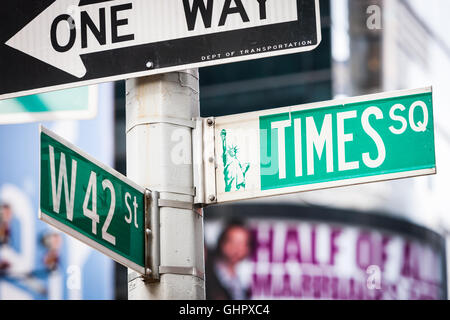 Street signs in Times Square in New York City. Stock Photo