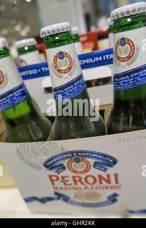 Peroni Beer Bottle Display, Eataly Italian Marketplace, NYC Stock Photo