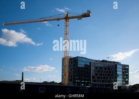 Cranes on a housing construction site with a blue sky background. Stock Photo