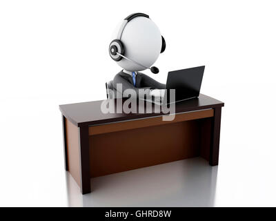 3d illustration. Businessman with a Headphones with Microphone and laptop. Employees working in a call center. Business concept Stock Photo