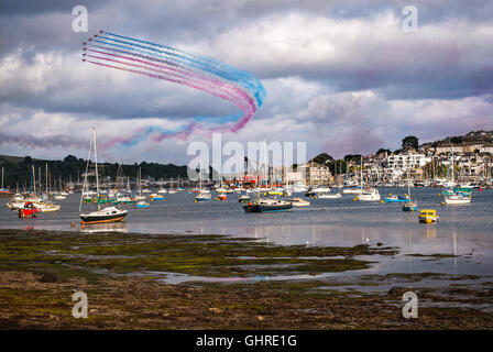 The red arrows display (Royal Air Force) over Falmouth in Cornwall on 10/08/2016 Stock Photo