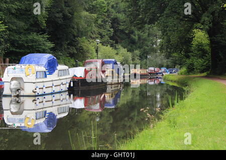 Narrowboats moored on the Monmouthshire and Brecon Canal at Goytre Wharf near Abergavenny, South Wales, Cymru, UK -  July Stock Photo