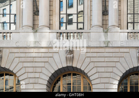 Close up of engraved writing 'Cunard Line' on the exterior facade of the Cunard Building, Broadway, New York. Stock Photo