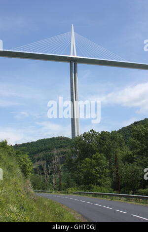 One of the piers of the Millau Viaduct as seen from the road between Millau and Peyre in the Tarn Valley Stock Photo