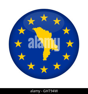 Moldova map on a European Union flag button isolated on a white background. Stock Photo