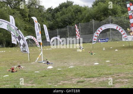 SUNDAY 31st July 2016.  FPV drones leave the start line at the start of a race at the UK drone racing competition, The Queen's C Stock Photo