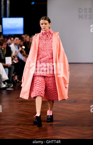 Copenhagen, Denmark, August 10, 2016: : A model walks the runway wearing design by Marianne M Vembre (Esmod Oslo, Norway) at the Designers Nest Award Show for young talents during Copenhagen Fashion Week Spring/Summer 2017. Under the patronage of HRH Crown Princess Mary, the Designer's Nest Award was created to reward  particularly skilled and promising Nordicdesign-students. The jury is a mix of Danish and International prominent figures from the fashion industry. Credit:  OJPHOTOS/Alamy Live News Stock Photo