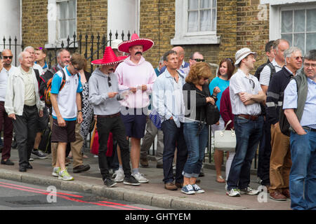 Vauxhall London UK. 11th August 2016. Cricket fans wearing Mexican sombreros arrive for the fourth test match between England and Pakistan at the Kia Oval in Vauxhall Credit:  amer ghazzal/Alamy Live News Stock Photo