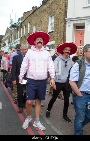 Vauxhall London UK. 11th August 2016. Cricket fans dressed wearing Mexican sombreros arrive for the fourth test match between England and Pakistan at the Kia Oval in Vauxhall Credit:  amer ghazzal/Alamy Live News Stock Photo