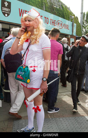 Vauxhall London UK. 11th August 2016. A Cricket fan dressed as a nurse  arrives for the fourth test match between England and Pakistan at the Kia Oval in Vauxhall Credit:  amer ghazzal/Alamy Live News Stock Photo