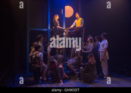 London, UK. 11 August 2016. Gary Tushaw (Joseph Taylor Jr) and Emily Bull (Jennie Brinker) at the top. Southwark Playhouse presents Rogers & Hammerstein's musical Allegro with Gary Tushaw as Joseph Taylor Jr. Directed by Thom Southerland, the show runs from 5 August to 10 September 2016. Credit:  Bettina Strenske/Alamy Live News Stock Photo
