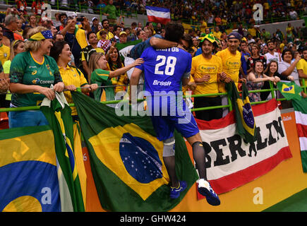 Rio de Janeiro, Brazil. 11th Aug, 2016. Leonardo Santos of Brazil celebrates after the Men's Preliminary Group B match between Brazil and Germany of the Handball events during the Rio 2016 Olympic Games at Future Arena in Rio de Janeiro, Brazil, 11 August 2016. Photo: Lukas Schulze/dpa/Alamy Live News Stock Photo