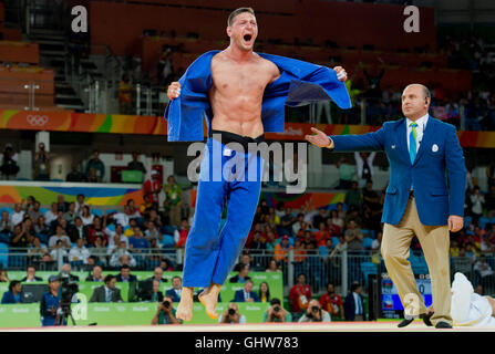 Rio de Janeiro, Brazil. 8th Aug, 2016. Gold medalist Lukas Krpalek of the Czech Republic celebrates after the men's -100kg judo contests at the 2016 Summer Olympics in Rio de Janeiro, Brazil, Thursday, August 8, 2016. © Vit Simanek/CTK Photo/Alamy Live News Stock Photo