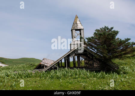 Alaska, Aleutian Islands, Unga Island, Unga Village. Abandoned gold mining village, church. Stock Photo