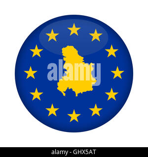 Serbia and Montenegro map on a European Union flag button isolated on a white background. Stock Photo