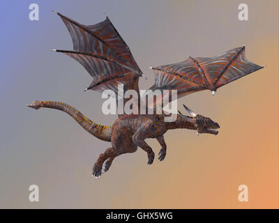 A red hell dragon is a creature of myth and legend and is fire-breathing and has horns and wings. Stock Photo