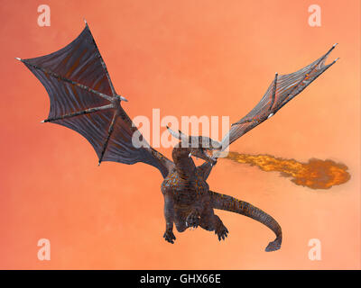 The fire-breathing dragon is a creature of myth and legend and has horns, wings and large wicked teeth. Stock Photo