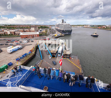 Newcastle Port of Tyne Royal Quays Ferry and Cruise ship terminal in North Shields. DFDS Ferry and Holland America Zuiderdam. Stock Photo