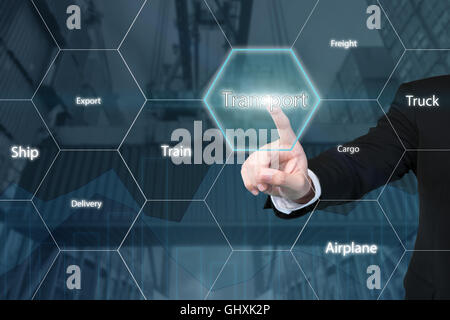 Business technology concept - Business man touching transport icon with business success virtual screen use for logistic,import, Stock Photo