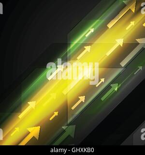Glowing yellow and green hi-tech background with arrows. Vector template design Stock Vector