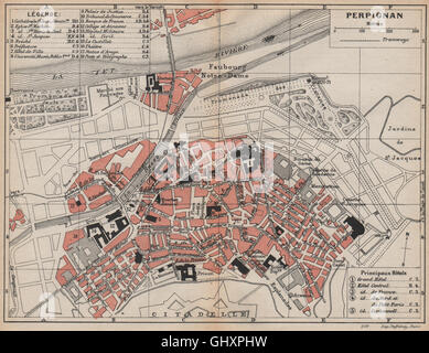 PERPIGNAN. Vintage town city map plan. Pyrénées-Orientales, 1907 Stock Photo