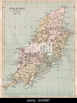 ISLE OF MAN: Antique map showing sheadings. Railways roads. PHILIP, 1882 Stock Photo