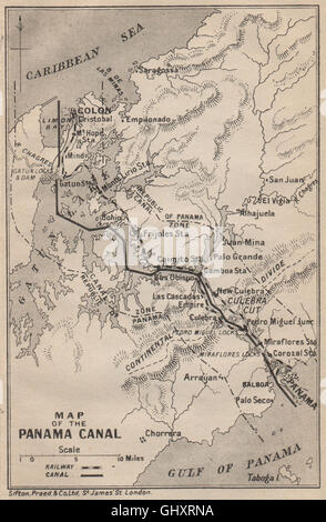 PANAMA CANAL. Vintage map. Railway. Shows canal zone. Caribbean, 1914 Stock Photo