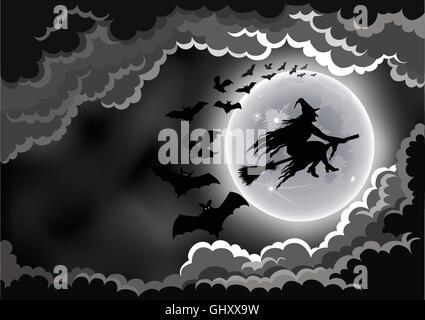 Wicked witch flying in by the moon with bats background. Stock Vector